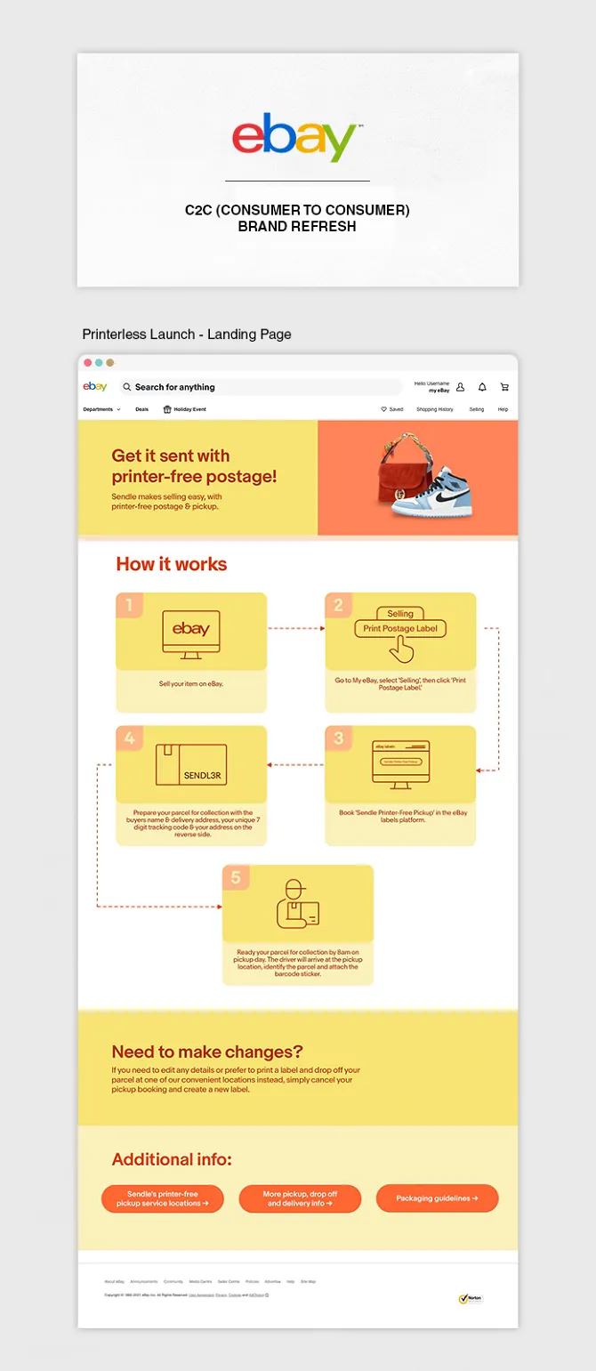Title card for eBay's C2C brand refresh and a landing page design for eBay's printer-free postage feature with a 5-step how-it-works diagram