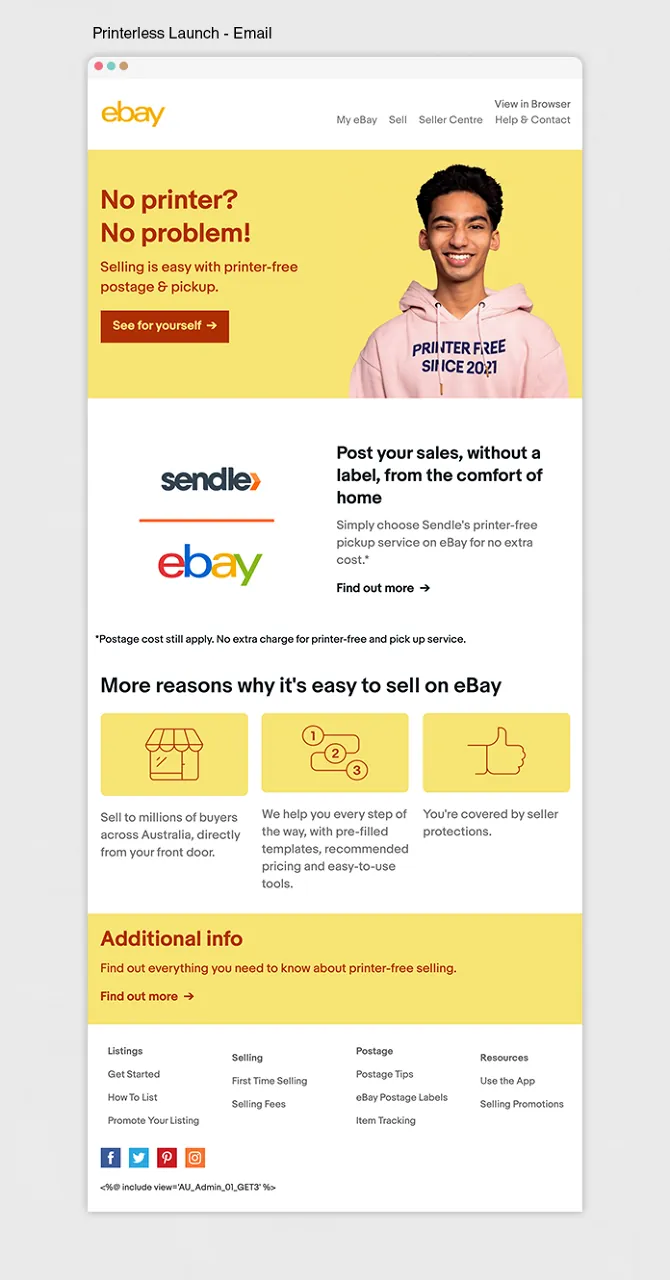 Email design for eBay's printer-free postage launch featuring a hero image and a Sendle x eBay partnership section
