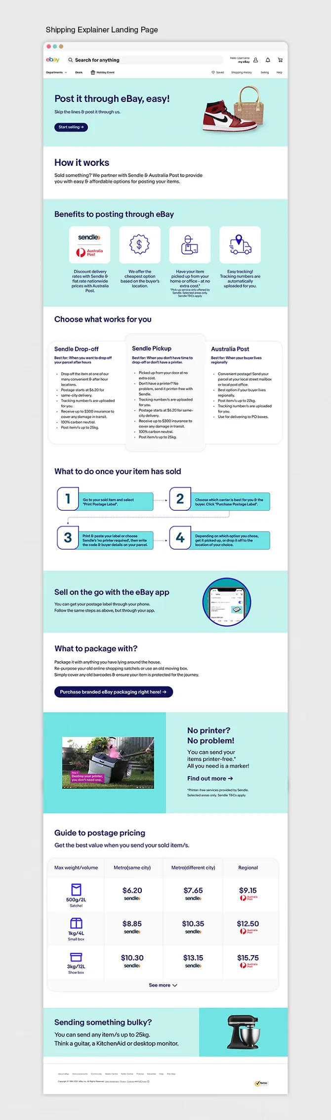 Landing page design explaining eBay's shipping options, including benefits, delivery method comparisons and a postage pricing table