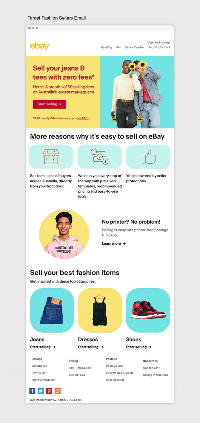 Email design targeting fashion sellers with a zero-fees promotion and category tiles for jeans, dresses and shoes