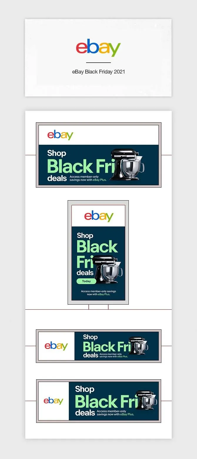 Title card and banner ad mockups for eBay's 2021 Black Friday campaign, including desktop, mobile and leaderboard ad formats featuring a stand mixer