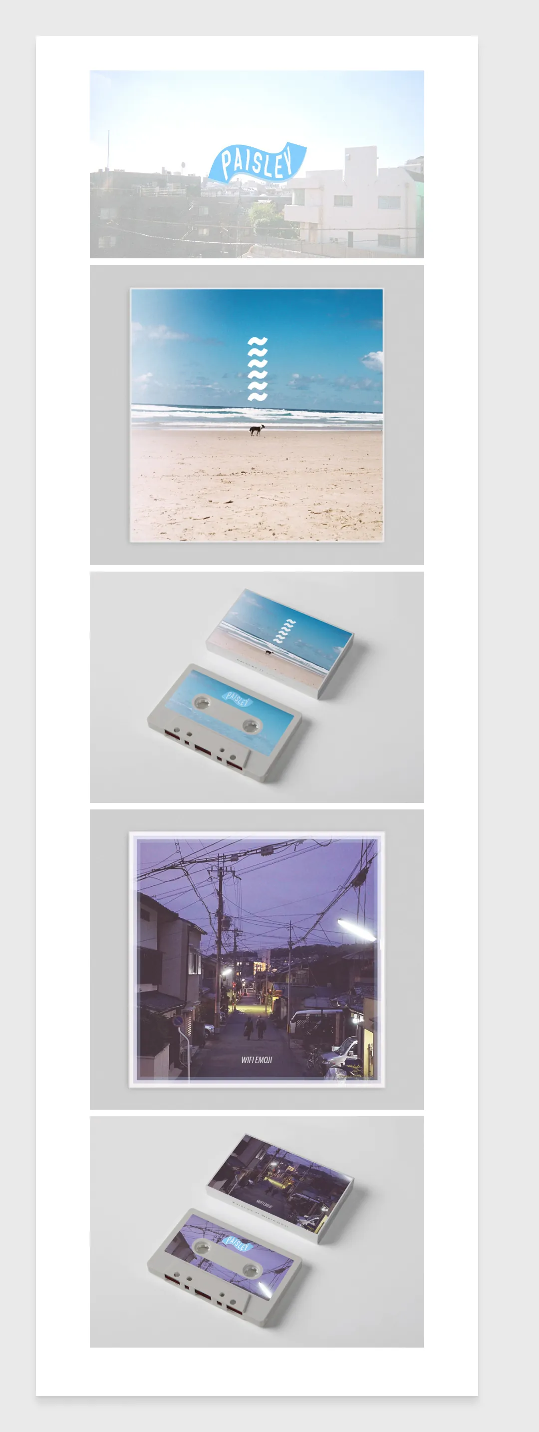 Paisley cover art and cassette tape mockups, including a beach scene and a Tokyo street photo