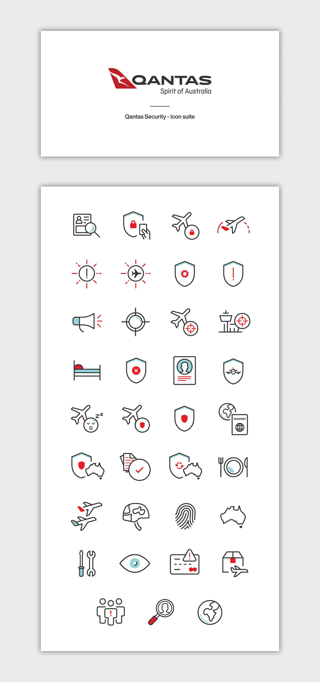 Title card and grid of security-themed icons designed for Qantas, including shields, locks, alerts, fingerprint and passport icons