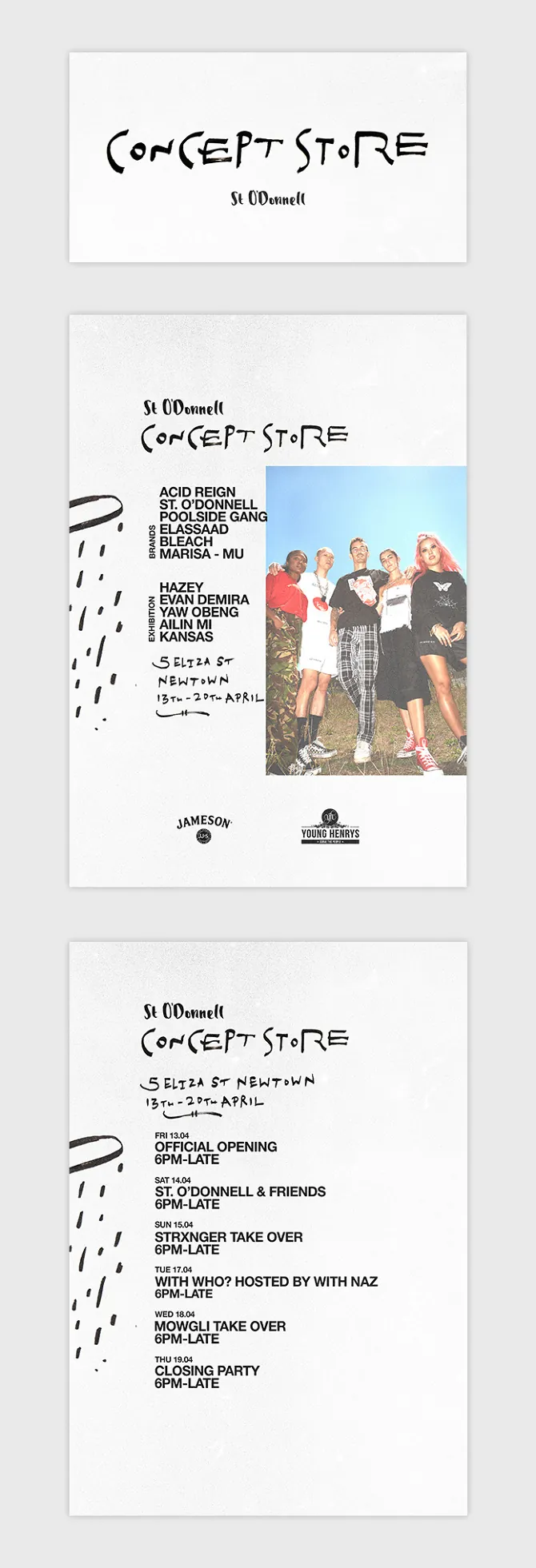 St O'Donnell Concept Store event flyers with a group photo and daily event schedule