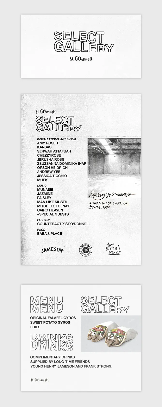 St O'Donnell Select Gallery event flyers featuring the artist lineup, event details, and food menu