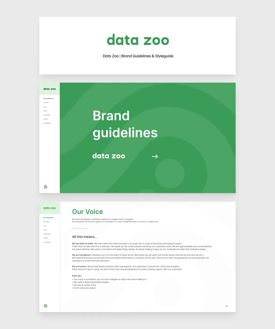 Data Zoo brand guidelines cover and Our Voice style guide pages