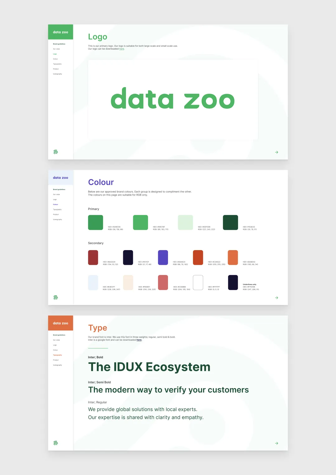 Data Zoo style guide pages showing logo usage, colour palette, and typography