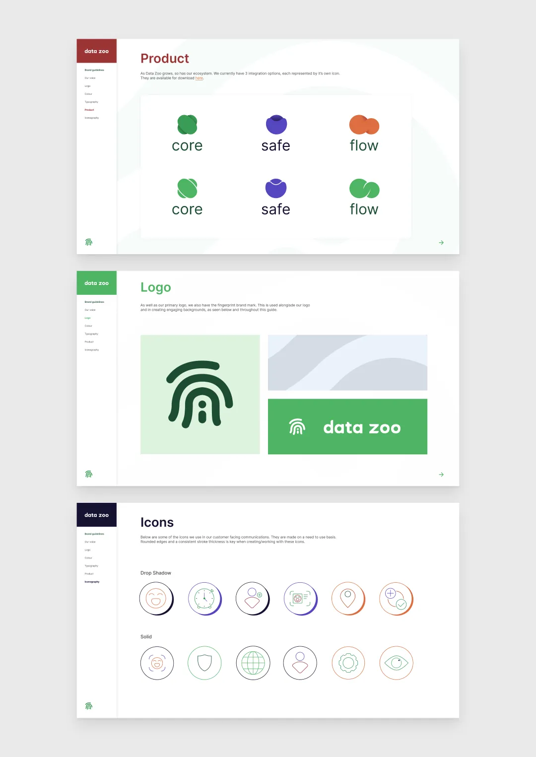 Data Zoo style guide pages showing product icons, the fingerprint logo mark, and the icon set