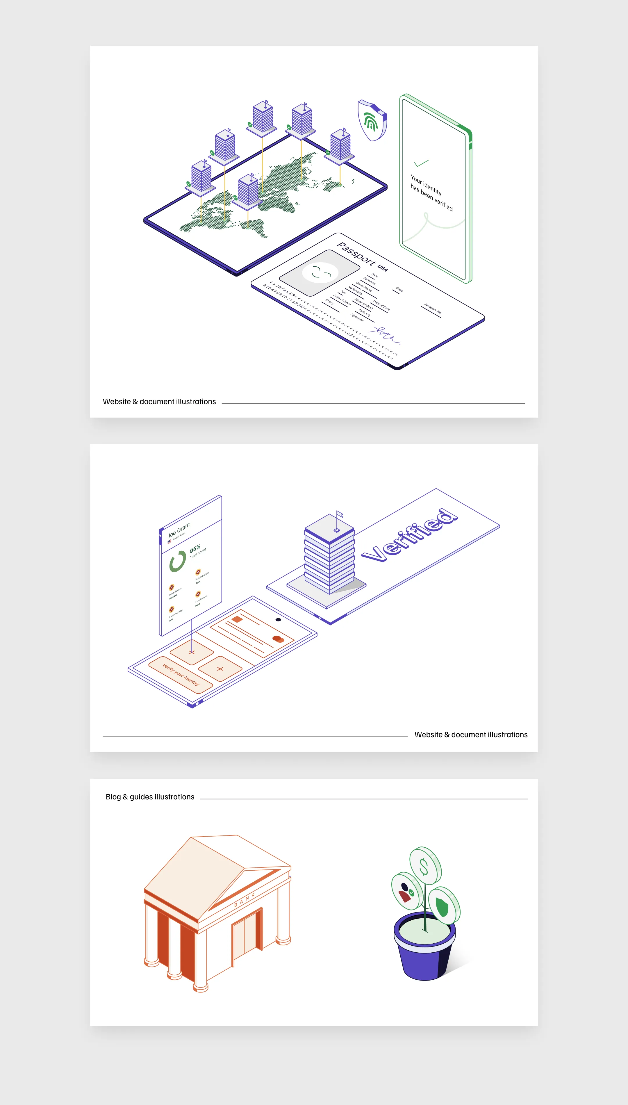 Data Zoo isometric illustrations depicting identity verification, a verified badge, a bank, and financial growth for website and blog use